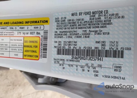 2020 Ford Fusion Se from USA, damaged, VIN 3FA6P0HD7LR257941